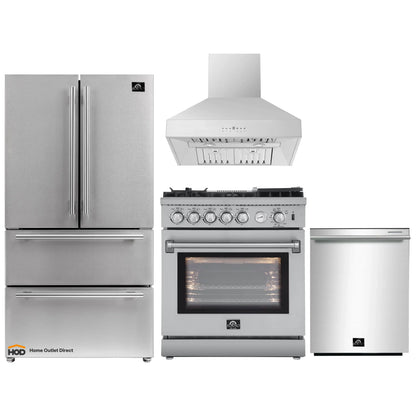 Forno 4-Piece Appliance Package - 30-Inch Gas Range with Air Fryer, Refrigerator, Wall Mount Hood, & 3-Rack Dishwasher in Stainless Steel - APR4-6276-30-H
