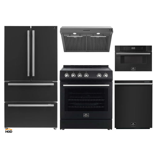 Forno 5-Piece Appliance Package - 30-Inch Electric Range, Under Cabinet Range Hood, French Door Refrigerator, Dishwasher, and 30-Inch Microwave Drawer in Black with Stainless Steel Handle - APR5-6012-30BLK-MWD30