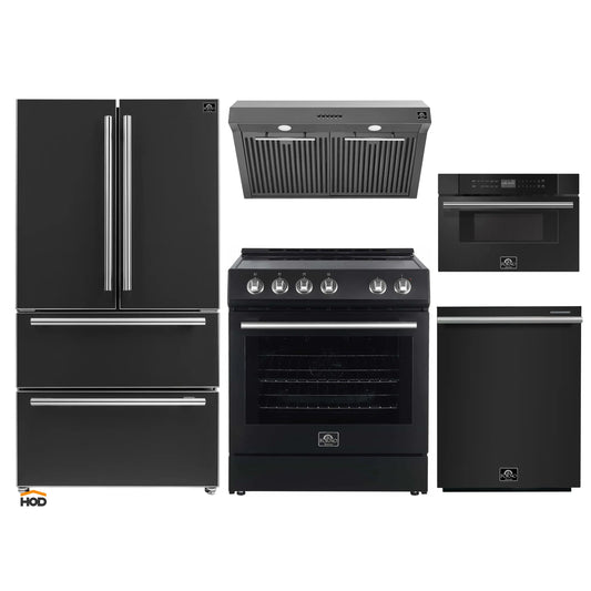 Forno 5-Piece Appliance Package - 30-Inch Electric Range, Under Cabinet Range Hood, French Door Refrigerator, Dishwasher, and 30-Inch Microwave Drawer in Black with Stainless Steel Handle - APR5-6012-30BLK-MWD30
