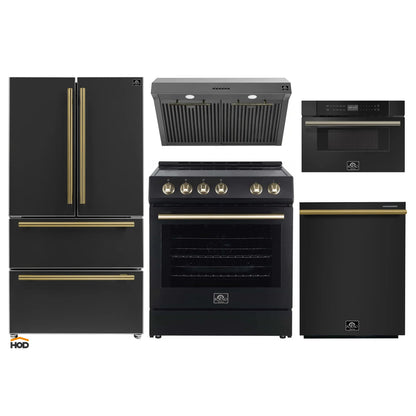 Forno 5-Piece Appliance Package - 30-Inch Electric Range, Under Cabinet Range Hood, French Door Refrigerator, Dishwasher, and 30-Inch Microwave Drawer in Black with Antique Brass Trim - APR5-6012-30BLK-MWD30