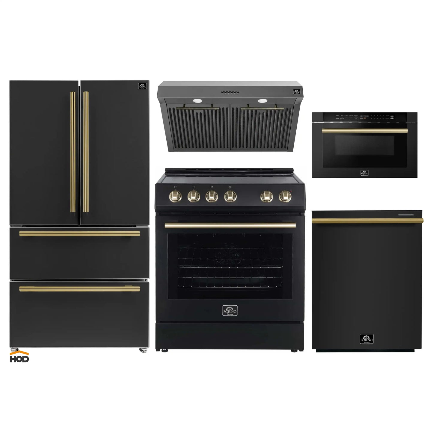Forno 5-Piece Appliance Package - 30-Inch Electric Range, Under Cabinet Range Hood, French Door Refrigerator, Dishwasher , & Microwave Drawer in Black with Antique Brass Trim - APR5-6012-30BLK