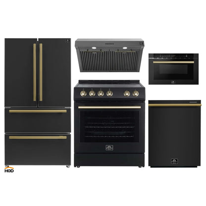 Forno 5-Piece Appliance Package - 30-Inch Electric Range, Under Cabinet Range Hood, French Door Refrigerator, Dishwasher , & Microwave Drawer in Black with Antique Brass Trim - APR5-6012-30BLK