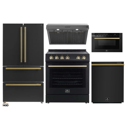 Forno 5-Piece Appliance Package - 30-Inch Electric Range, Under Cabinet Range Hood, French Door Refrigerator, Dishwasher , & Microwave Drawer in Black with Antique Brass Trim - APR5-6012-30BLK