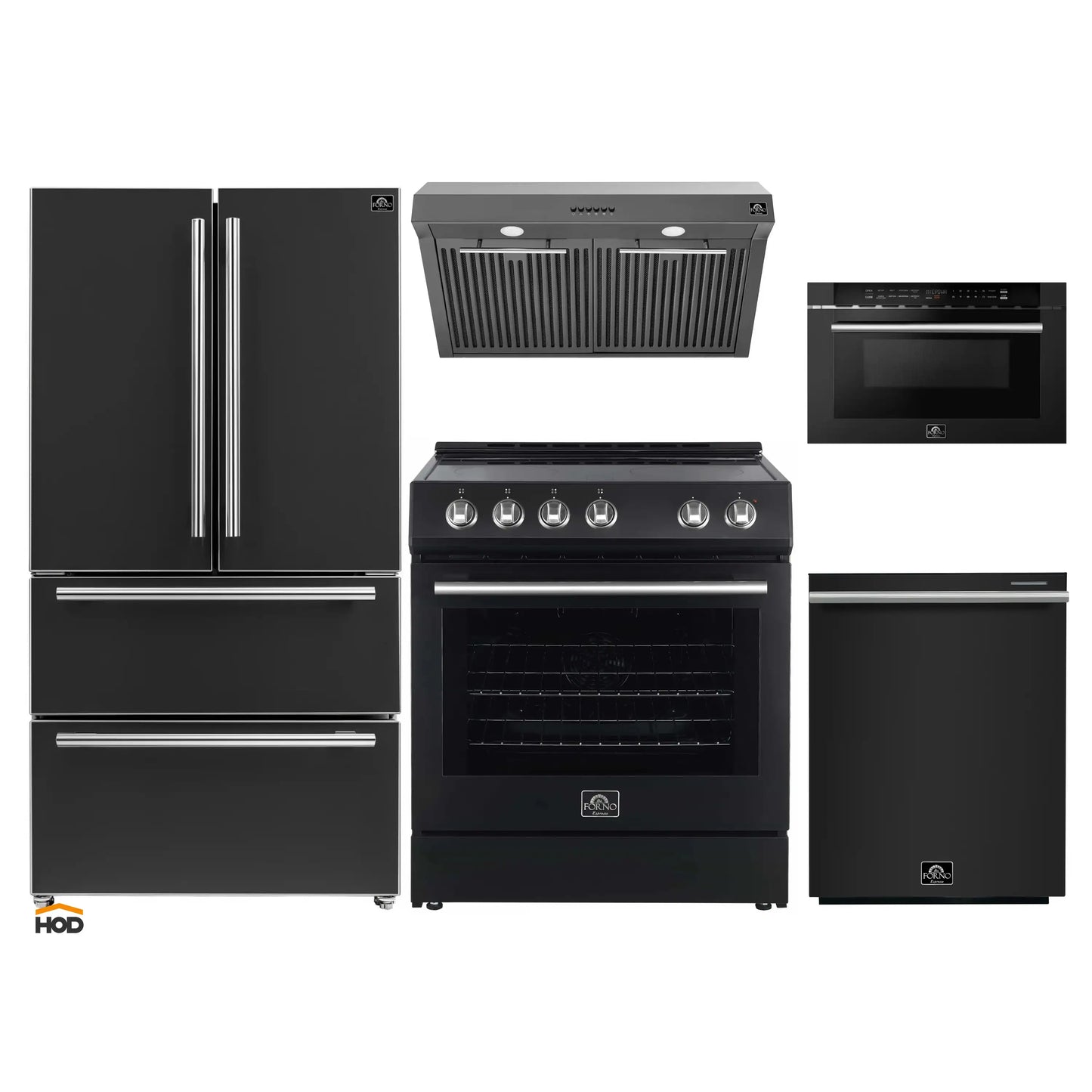 Forno 5-Piece Appliance Package - 30-Inch Electric Range, Under Cabinet Range Hood, French Door Refrigerator, Dishwasher, & 24-Inch Microwave Drawer in Black with Stainless Steel Trim - APR5-6012-30BLK