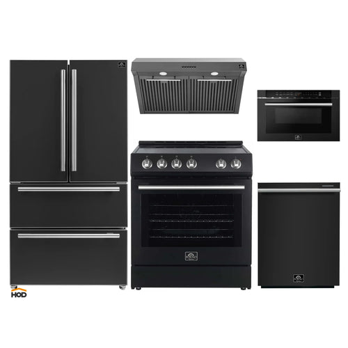 Forno 5-Piece Appliance Package - 30-Inch Electric Range, Under Cabinet Range Hood, French Door Refrigerator, Dishwasher, & 24-Inch Microwave Drawer in Black with Stainless Steel Trim - APR5-6012-30BLK