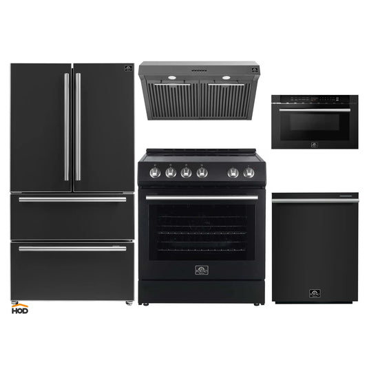 Forno 5-Piece Appliance Package - 30-Inch Electric Range, Under Cabinet Range Hood, French Door Refrigerator, Dishwasher, & 24-Inch Microwave Drawer in Black with Stainless Steel Trim - APR5-6012-30BLK