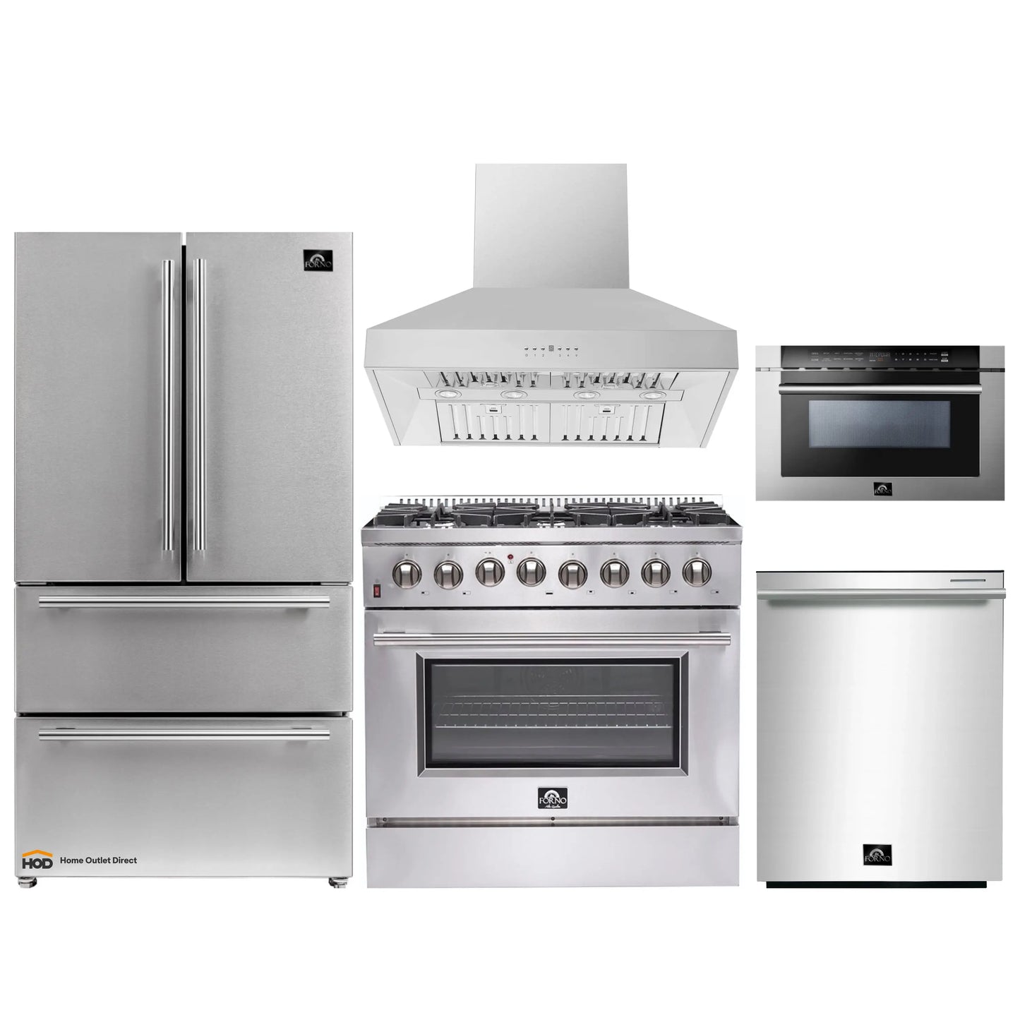 Forno 5-Piece Appliance Package - 36-Inch Dual Fuel Range, Refrigerator, Wall Mount Hood, 24-Inch Microwave Drawer, & 3-Rack Dishwasher in Stainless Steel - APR5-6156-36-H-MWD