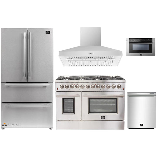 Forno 5-Piece Appliance Package - 48-Inch Dual Fuel Range, Refrigerator, Wall Mount Hood, 24-Inch Microwave Drawer, & 3-Rack Dishwasher in Stainless Steel - APR5-6156-48-H-MWD
