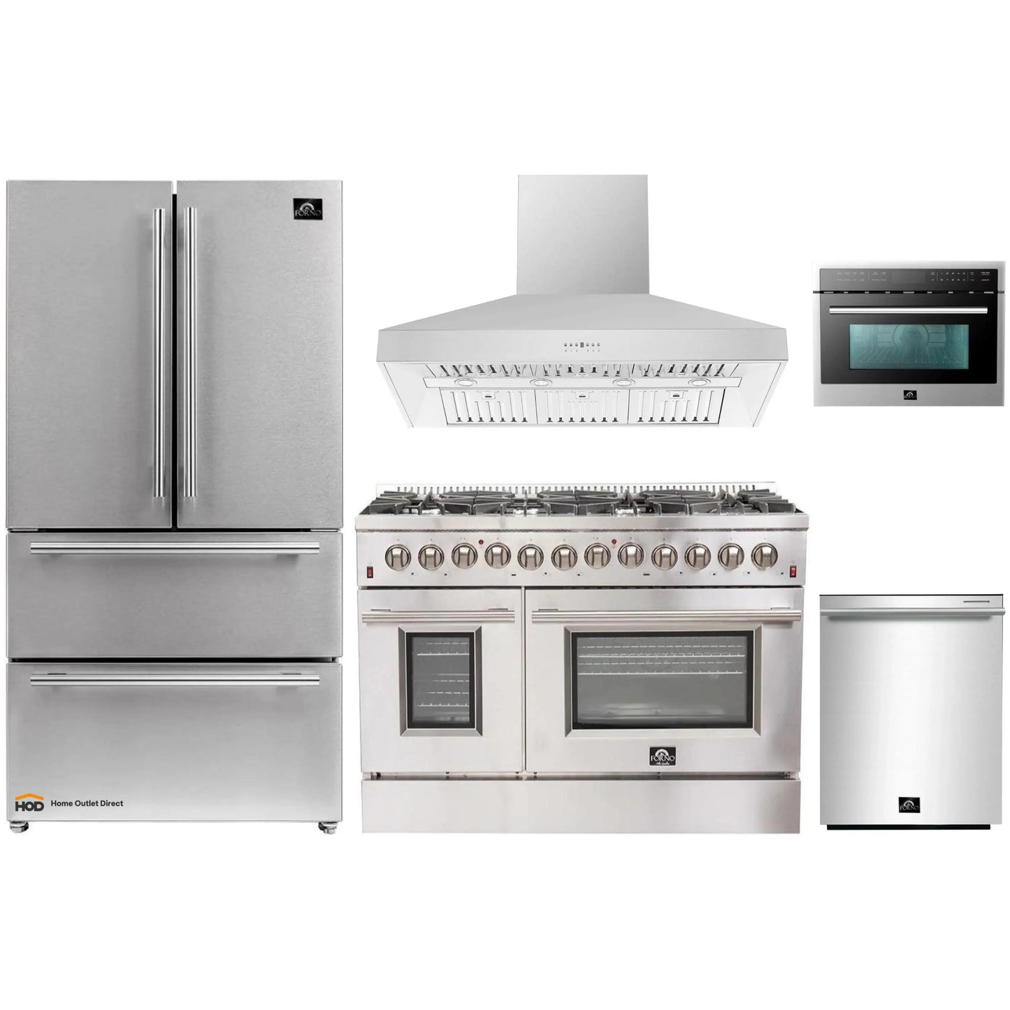Forno 5-Piece Appliance Package - 48-Inch Dual Fuel Range, Refrigerator, Wall Mount Hood, 24-Inch Microwave Oven, & 3-Rack Dishwasher in Stainless Steel - APR5-6156-48-H-MWO