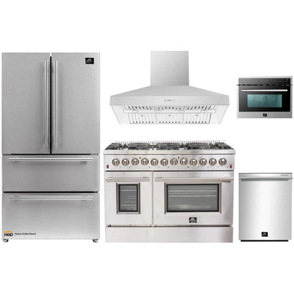Forno 5-Piece Appliance Package - 48-Inch Dual Fuel Range, Refrigerator, Wall Mount Hood, 24-Inch Microwave Oven, & 3-Rack Dishwasher in Stainless Steel - APR5-6156-48-H-MWO