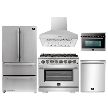Forno 5-Piece Pro Appliance Package - 36-Inch Dual Fuel Range, Refrigerator, Wall Mount Hood, 24-Inch Microwave Oven, & 3-Rack Dishwasher in Stainless Steel - APR5-6187-36-H-MWO