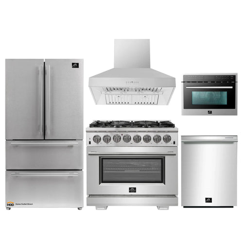 Forno 5-Piece Pro Appliance Package - 36-Inch Dual Fuel Range, Refrigerator, Wall Mount Hood, 24-Inch Microwave Oven, & 3-Rack Dishwasher in Stainless Steel - APR5-6187-36-H-MWO