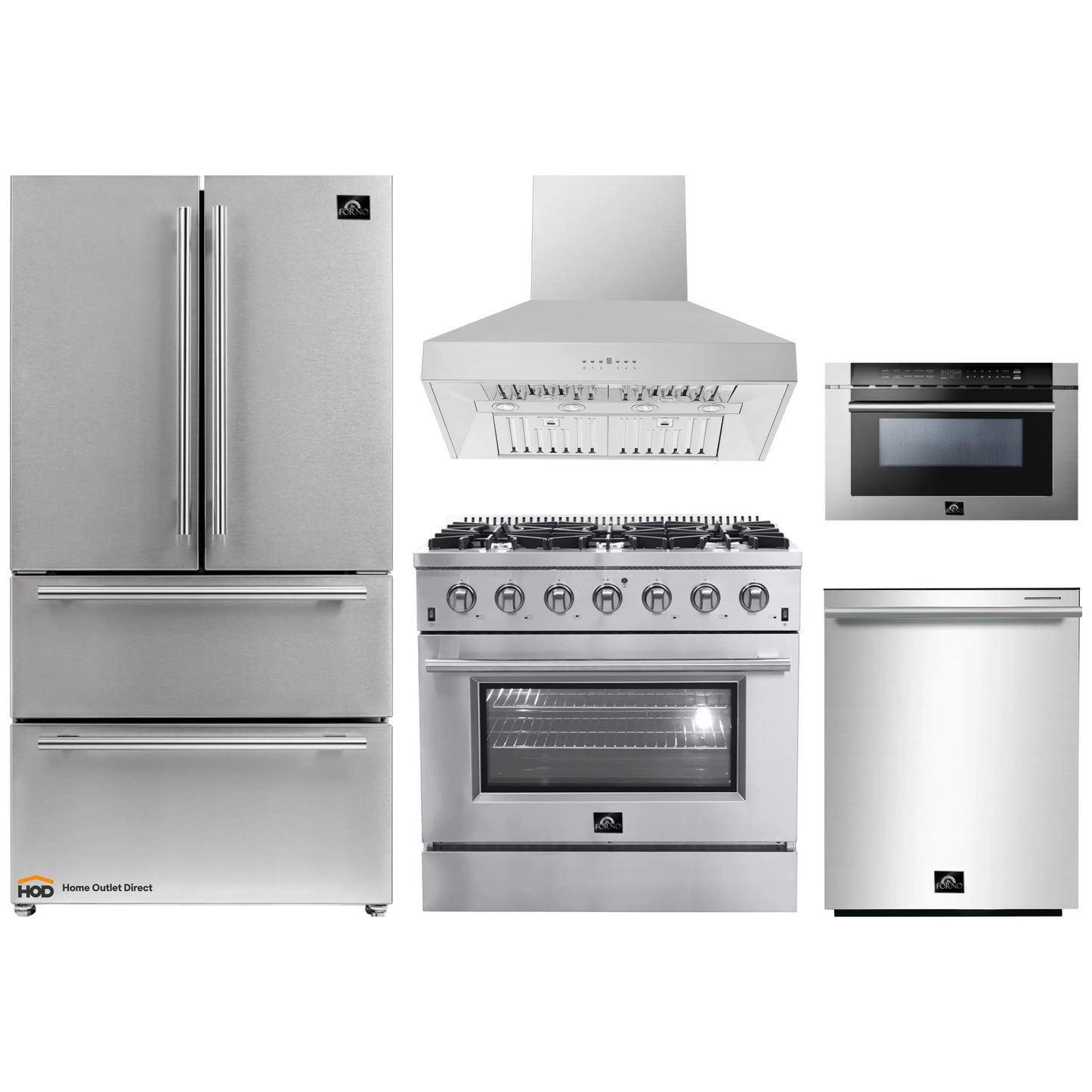 Forno 5-Piece Appliance Package - 36-Inch Gas Range, Refrigerator, Wall Mount Hood, 24-Inch Microwave Drawer, & 3-Rack Dishwasher in Stainless Steel - APR5-6244-36-H-MWD
