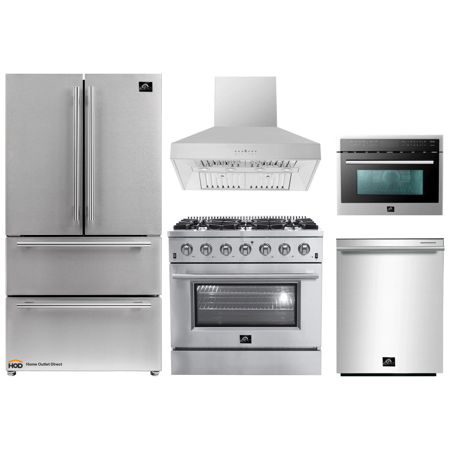 Forno 5-Piece Appliance Package - 36-Inch Gas Range, Refrigerator, Wall Mount Hood, 24-Inch Microwave Oven, & 3-Rack Dishwasher in Stainless Steel - APR5-6244-36-H-MWO