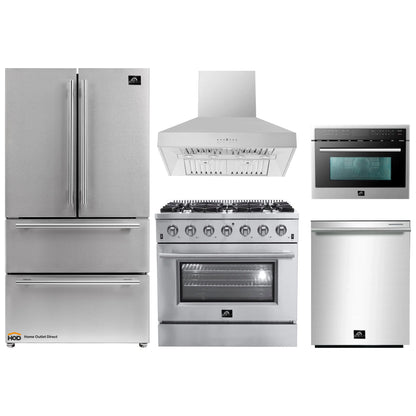 Forno 5-Piece Appliance Package - 36-Inch Gas Range, Refrigerator, Wall Mount Hood, 24-Inch Microwave Oven, & 3-Rack Dishwasher in Stainless Steel - APR5-6244-36-H-MWO