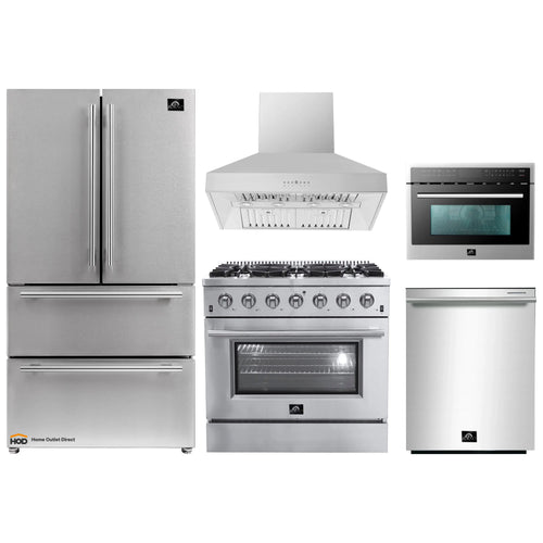 Forno 5-Piece Appliance Package - 36-Inch Gas Range, Refrigerator, Wall Mount Hood, 24-Inch Microwave Oven, & 3-Rack Dishwasher in Stainless Steel - APR5-6244-36-H-MWO