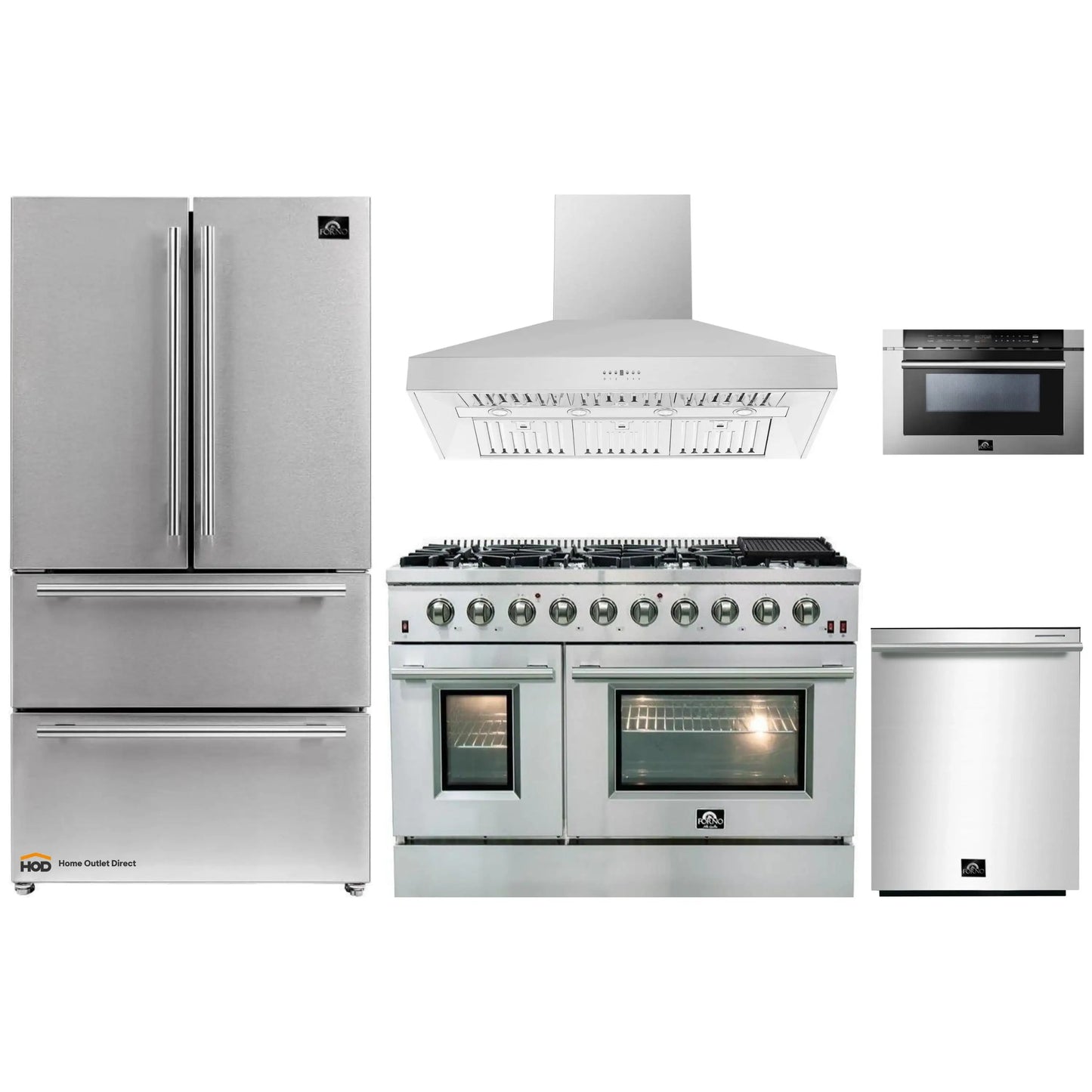 Forno 5-Piece Appliance Package - 48-Inch Gas Range, Refrigerator, Wall Mount Hood, 24-Inch Microwave Drawer, & 3-Rack Dishwasher in Stainless Steel - APR5-6244-48-H-MWD