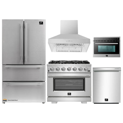 Forno 5-Piece Pro Appliance Package - 36-Inch Gas Range, Refrigerator, Wall Mount Hood, 24-Inch Microwave Oven, & 3-Rack Dishwasher in Stainless Steel - APR5-6260-36-H-MWO