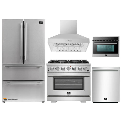 Forno 5-Piece Pro Appliance Package - 36-Inch Gas Range, Refrigerator, Wall Mount Hood, 24-Inch Microwave Oven, & 3-Rack Dishwasher in Stainless Steel - APR5-6260-36-H-MWO