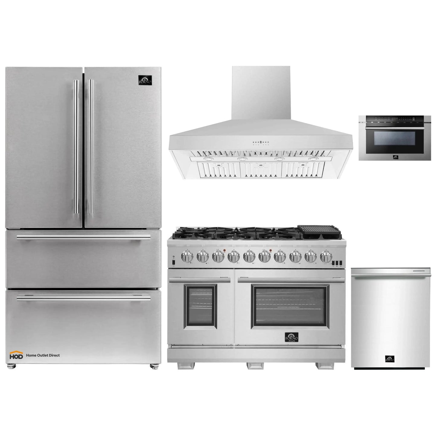 Forno 5-Piece Pro Appliance Package - 48-Inch Gas Range, Refrigerator, Wall Mount Hood, 24-Inch Microwave Drawer, & 3-Rack Dishwasher in Stainless Steel - APR5-6260-48-H-MWD