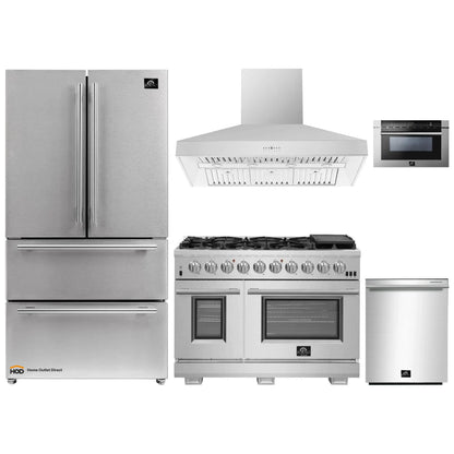 Forno 5-Piece Pro Appliance Package - 48-Inch Gas Range, Refrigerator, Wall Mount Hood, 24-Inch Microwave Drawer, & 3-Rack Dishwasher in Stainless Steel - APR5-6260-48-H-MWD