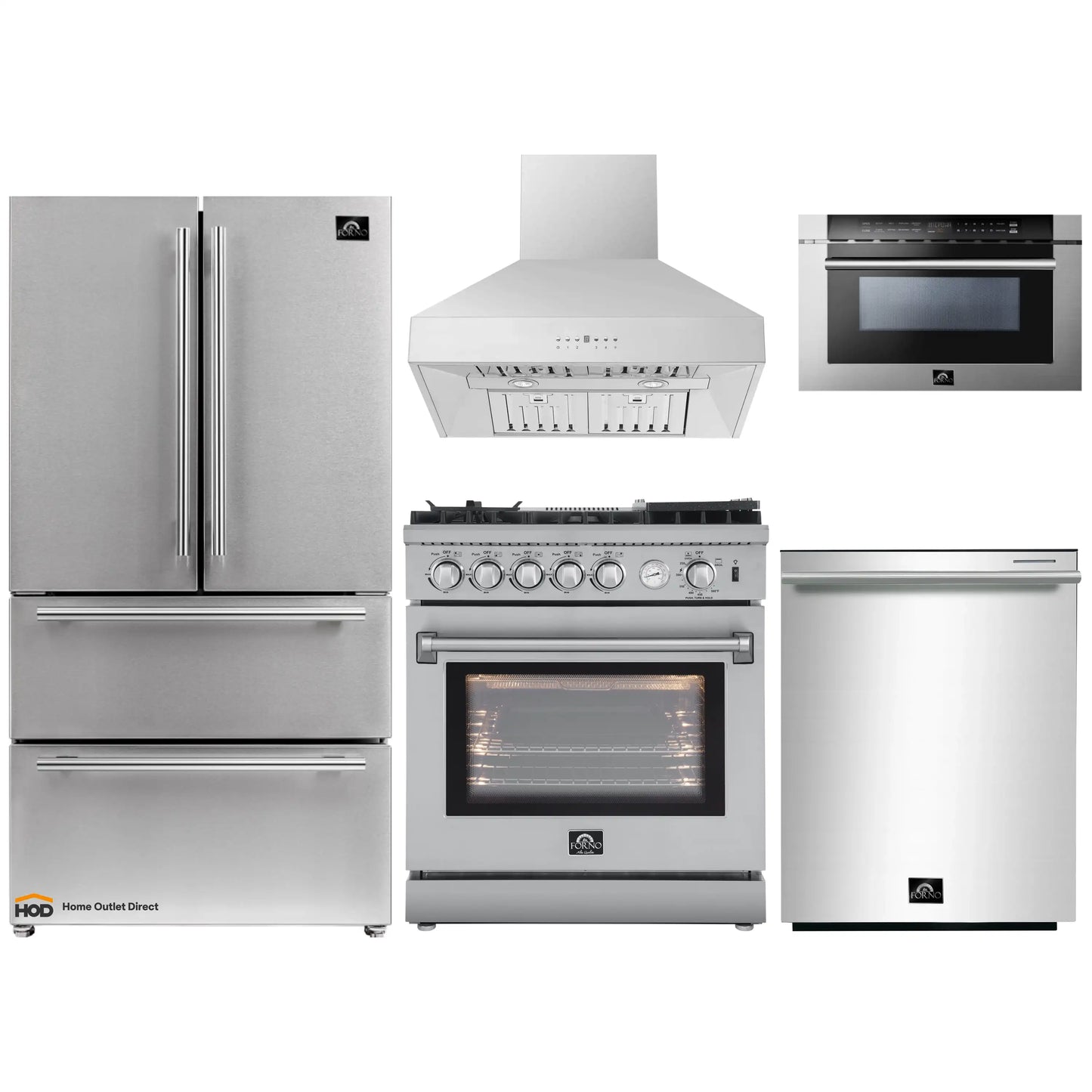 Forno 5-Piece Appliance Package - 30-Inch Gas Range with Air Fryer, Refrigerator, Wall Mount Hood, 24-Inch Microwave Drawer, & 3-Rack Dishwasher in Stainless Steel - APR5-6276-30-H-MWD