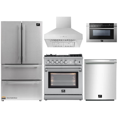 Forno 5-Piece Appliance Package - 30-Inch Gas Range with Air Fryer, Refrigerator, Wall Mount Hood, 24-Inch Microwave Drawer, & 3-Rack Dishwasher in Stainless Steel - APR5-6276-30-H-MWD