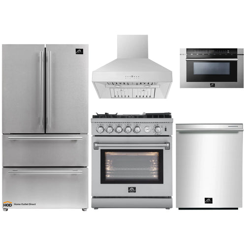 Forno 5-Piece Appliance Package - 30-Inch Gas Range with Air Fryer, Refrigerator, Wall Mount Hood, 24-Inch Microwave Drawer, & 3-Rack Dishwasher in Stainless Steel - APR5-6276-30-H-MWD