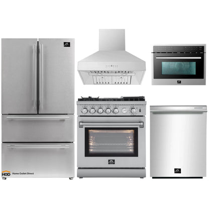 Forno 5-Piece Appliance Package - 30-Inch Gas Range with Air Fryer, Refrigerator, Wall Mount Hood, 24-Inch Microwave Oven, & 3-Rack Dishwasher in Stainless Steel - APR5-6276-30-H-MWO