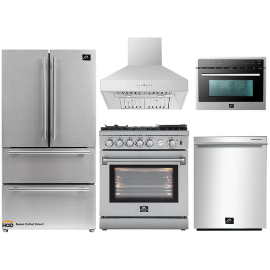 Forno 5-Piece Appliance Package - 30-Inch Gas Range with Air Fryer, Refrigerator, Wall Mount Hood, 24-Inch Microwave Oven, & 3-Rack Dishwasher in Stainless Steel - APR5-6276-30-H-MWO