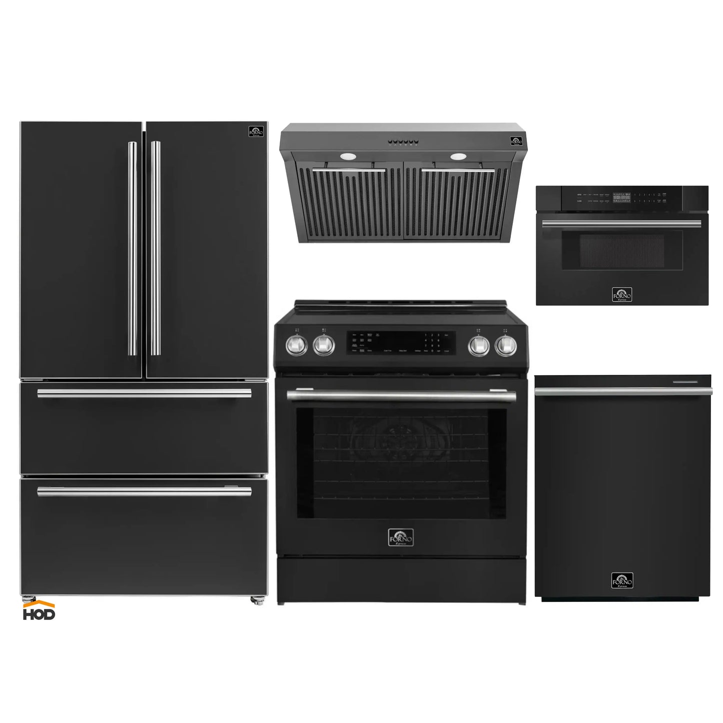 Forno 5-Piece Appliance Package - 30-Inch Induction Range, Under Cabinet Range Hood, French Door Refrigerator, Dishwasher, and 30-Inch Microwave Drawer in Black with Stainless Steel Trim - APR5-905-30BLK-MWD30