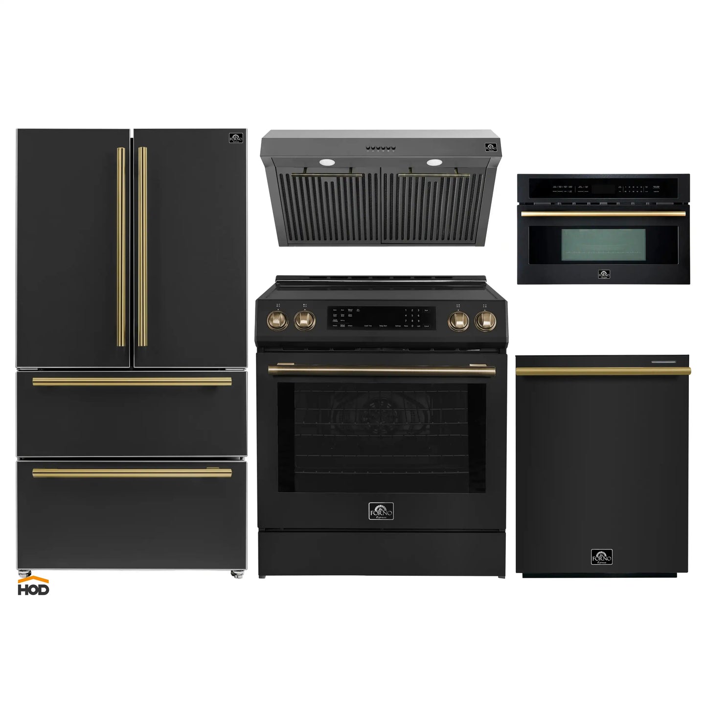 Forno 5-Piece Appliance Package - 30-Inch Induction Range, Under Cabinet Range Hood, Refrigerator, Dishwasher, and 30-Inch Microwave Oven in Black with Antique Brass Trim - APR5-905-30BLK-MWO30