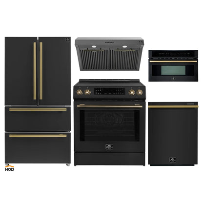 Forno 5-Piece Appliance Package - 30-Inch Induction Range, Under Cabinet Range Hood, Refrigerator, Dishwasher, and 30-Inch Microwave Oven in Black with Antique Brass Trim - APR5-905-30BLK-MWO30