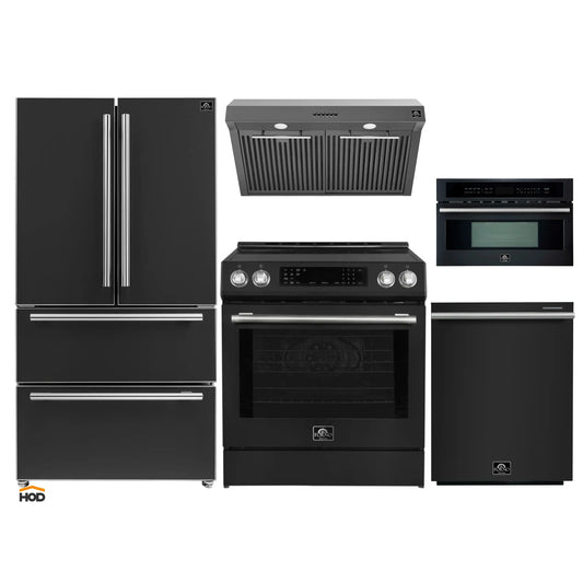 Forno 5-Piece Appliance Package - 30-Inch Induction Range, Under Cabinet Range Hood, Refrigerator, Dishwasher, and 30-Inch Microwave Oven in Black with Stainless Steel Trim - APR5-905-30BLK-MWO30