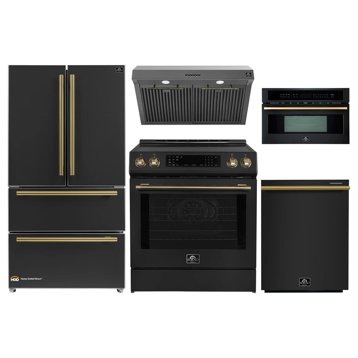 Forno 5-Piece Appliance Package - 30-Inch Induction Range, Under Cabinet Range Hood, Refrigerator, Dishwasher, and 30-Inch Microwave Oven in Black with Antique Brass Trim - APR5-905-30BLK-MWO30