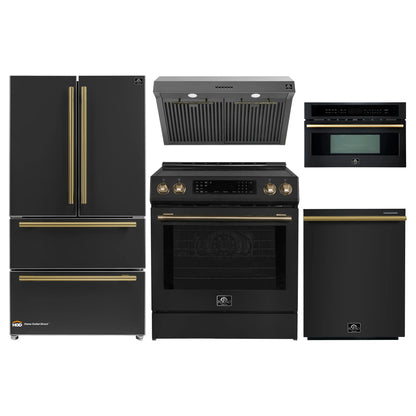 Forno 5-Piece Appliance Package - 30-Inch Induction Range, Under Cabinet Range Hood, Refrigerator, Dishwasher, and 30-Inch Microwave Oven in Black with Antique Brass Trim - APR5-905-30BLK-MWO30