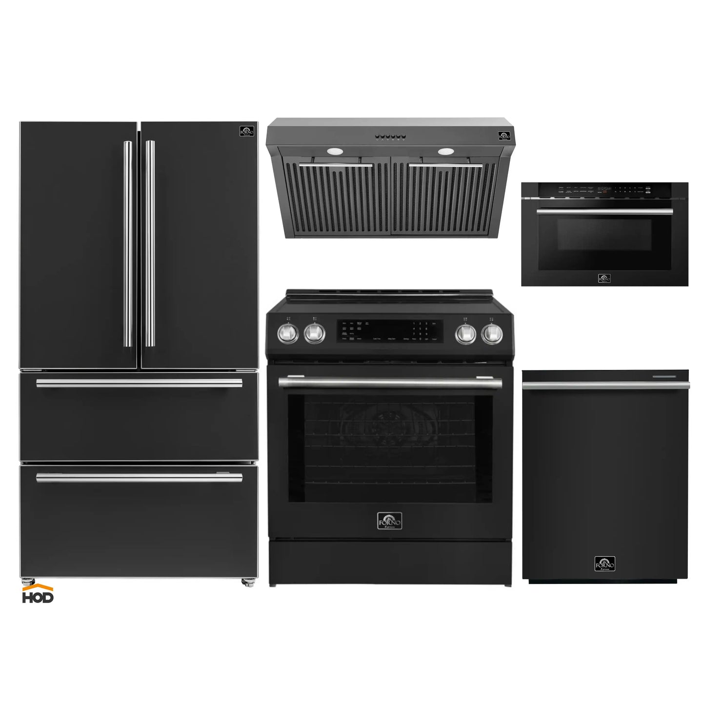 Forno 5-Piece Appliance Package - 30-Inch Induction Range, Under Cabinet Range Hood, Refrigerator, Dishwasher, and 24-Inch Microwave Drawer in Black with Stainless Steel Trim - APR5-905-30BLK
