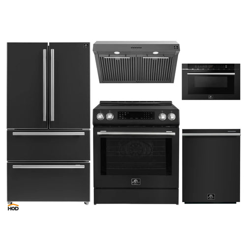 Forno 5-Piece Appliance Package - 30-Inch Induction Range, Under Cabinet Range Hood, Refrigerator, Dishwasher, and 24-Inch Microwave Drawer in Black with Stainless Steel Trim - APR5-905-30BLK