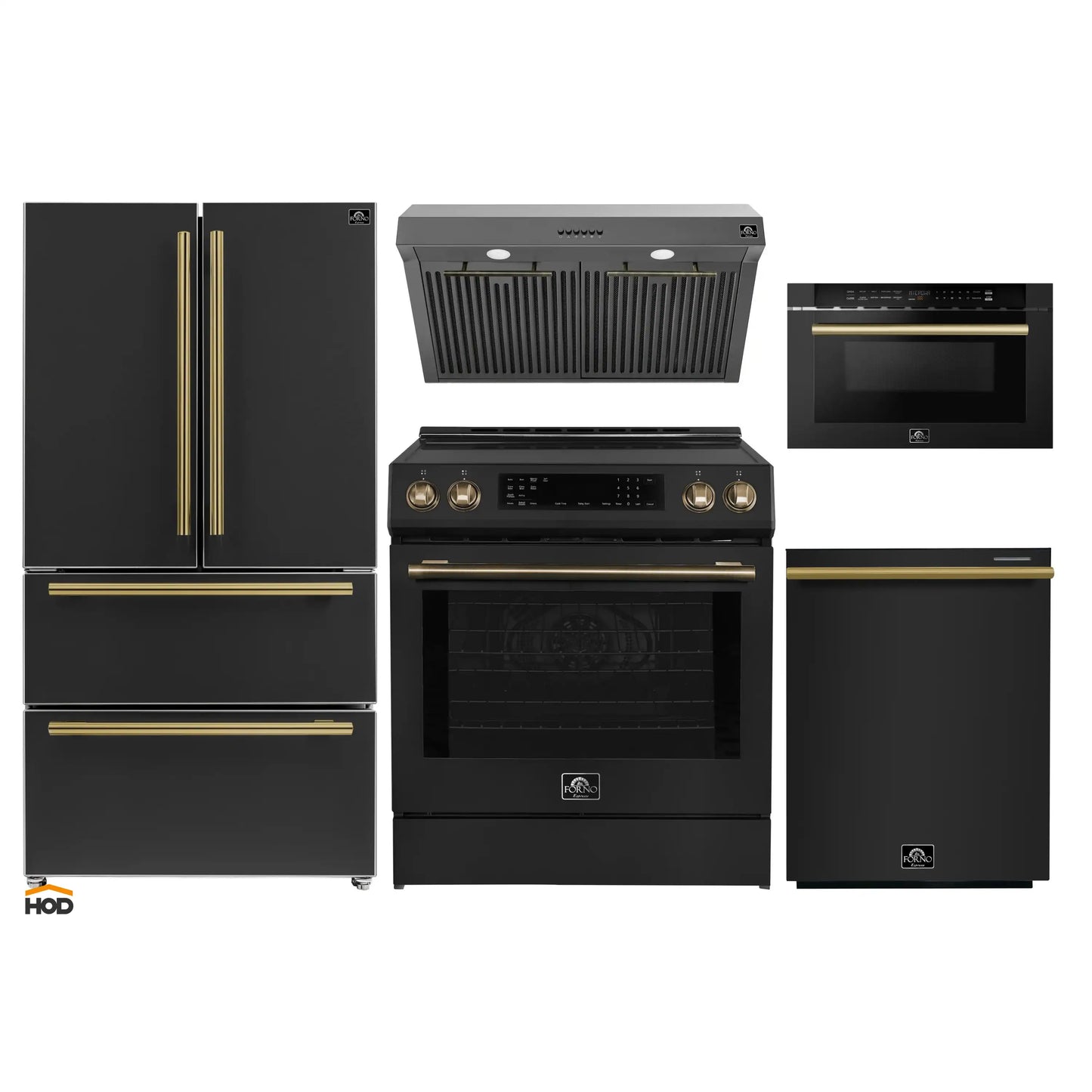 Forno 5-Piece Appliance Package - 30-Inch Induction Range, Under Cabinet Range Hood, Refrigerator, Dishwasher, and  Microwave Drawer in Black with Antique Brass Trim - APR5-905-30BLK