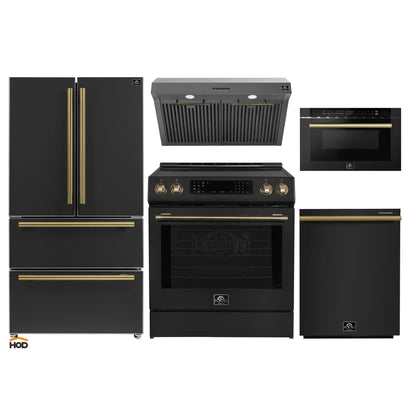 Forno 5-Piece Appliance Package - 30-Inch Induction Range, Under Cabinet Range Hood, Refrigerator, Dishwasher, and  Microwave Drawer in Black with Antique Brass Trim - APR5-905-30BLK