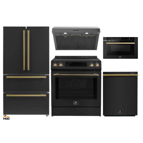 Forno 5-Piece Appliance Package - 30-Inch Induction Range, Under Cabinet Range Hood, Refrigerator, Dishwasher, and  Microwave Drawer in Black with Antique Brass Trim - APR5-905-30BLK