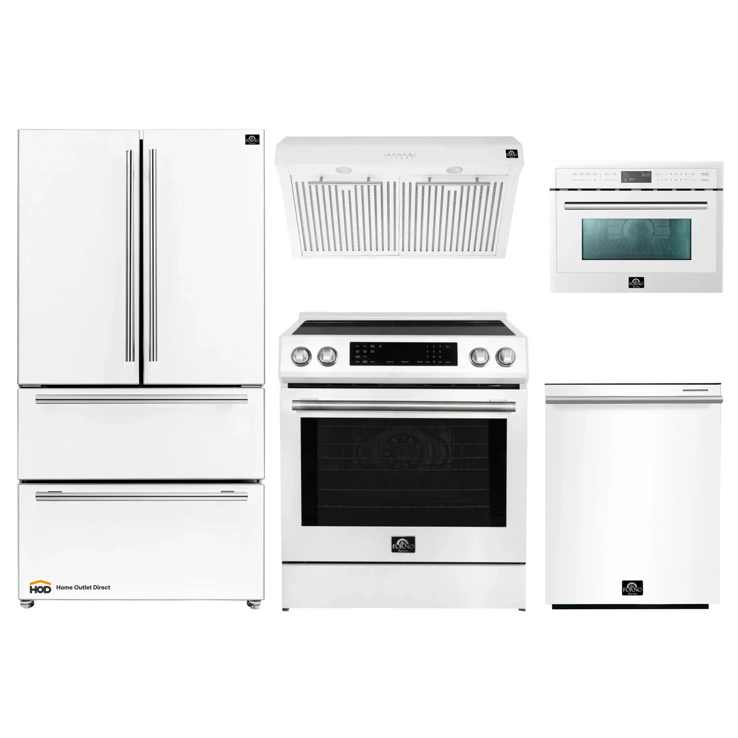 Forno 5-Piece Appliance Package - 30-Inch Inducton Range, Under Cabinet Range Hood, Refrigerator, Dishwasher, and  24-Inch Microwave Oven in White with Stainless Steel Trim - APR5-905-30WHT-MWO24