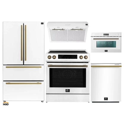 Forno 5-Piece Appliance Package - 30-Inch Induction Range, Under Cabinet Range Hood, Refrigerator, Dishwasher, and 30-Inch Microwave Oven in White with Antique Brass Trim - APR5-905-30WHT-MWO30