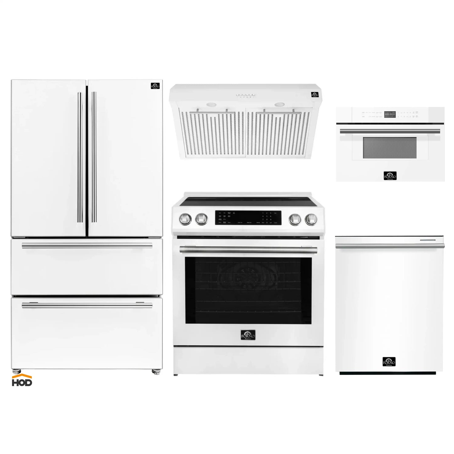 Forno 5-Piece Appliance Package - 30-Inch Induction Range, Under Cabinet Range Hood, Refrigerator, Dishwasher, and  30-Inch Microwave Oven in White with Stainless Steel Trim - APR5-905-30WHT-MWO30
