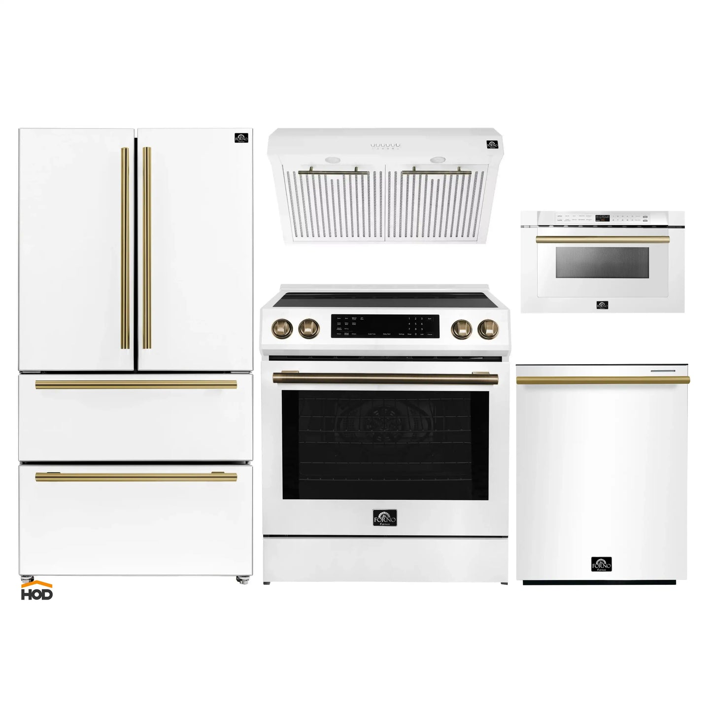 Forno 5-Piece Appliance Package - 30-Inch Induction Range, Under Cabinet Range Hood, Refrigerator, Dishwasher, and  Microwave Drawer in White with Antique Brass Trim - APR5-905-30WHT