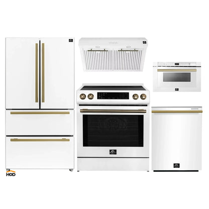 Forno 5-Piece Appliance Package - 30-Inch Induction Range, Under Cabinet Range Hood, Refrigerator, Dishwasher, and  Microwave Drawer in White with Antique Brass Trim - APR5-905-30WHT