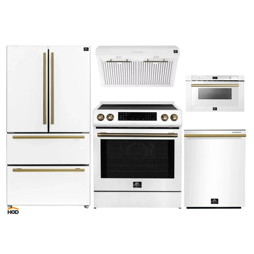 Forno 5-Piece Appliance Package - 30-Inch Induction Range, Under Cabinet Range Hood, Refrigerator, Dishwasher, and  Microwave Drawer in White with Antique Brass Trim - APR5-905-30WHT