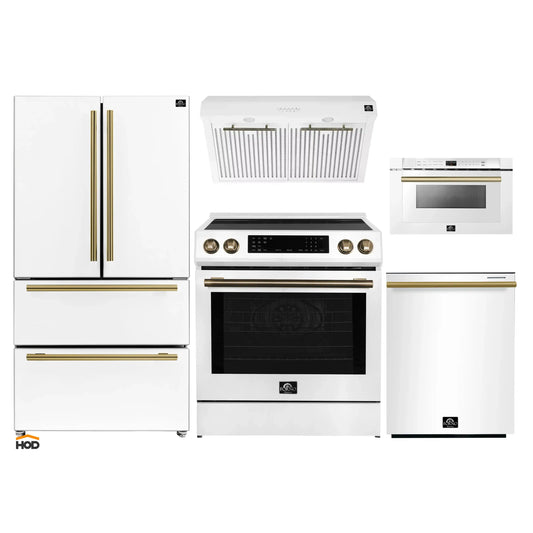 Forno 5-Piece Appliance Package - 30-Inch Induction Range, Under Cabinet Range Hood, Refrigerator, Dishwasher, and  Microwave Drawer in White with Antique Brass Trim - APR5-905-30WHT