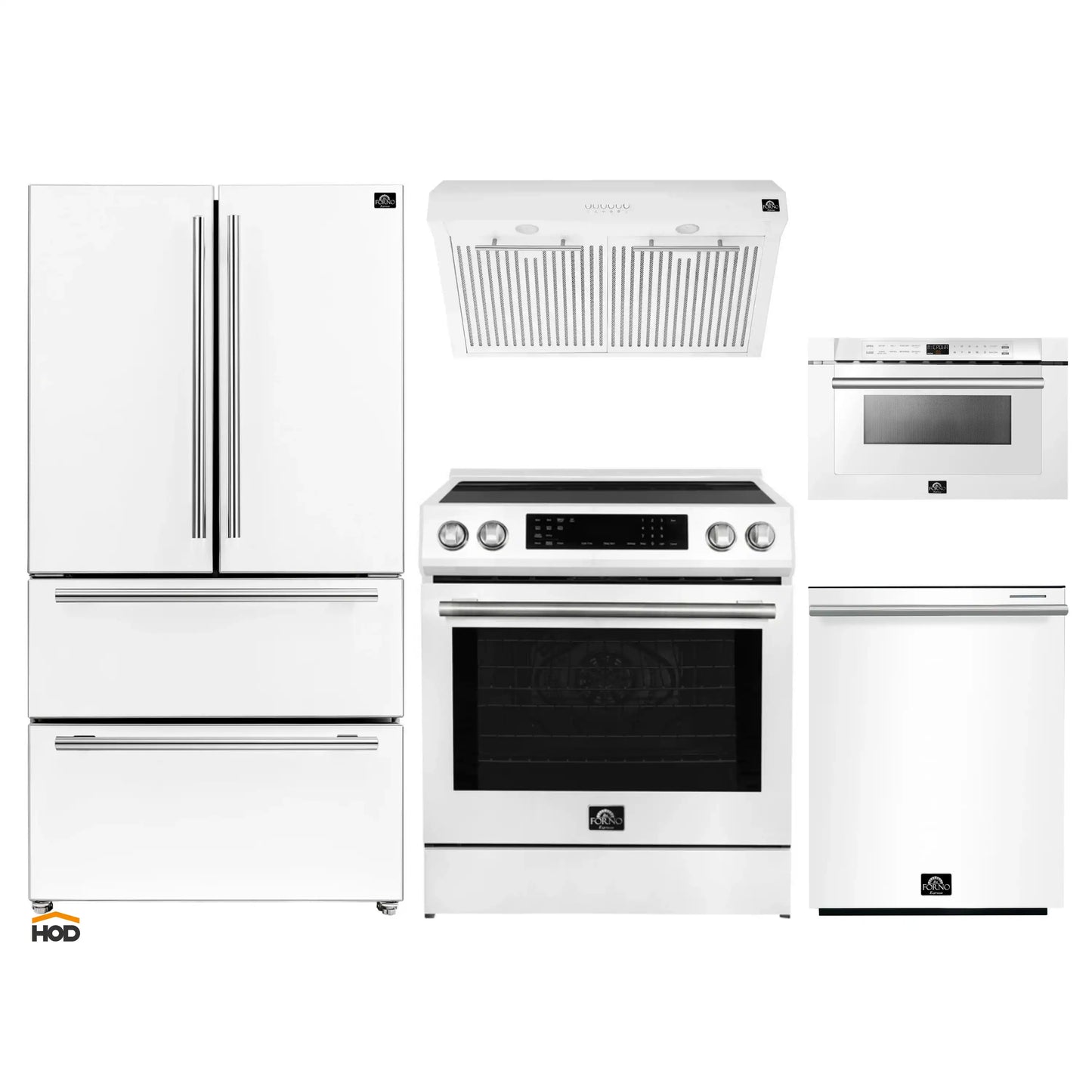 Forno 5-Piece Appliance Package - 30-Inch Induction Range, Under Cabinet Range Hood, Refrigerator, Dishwasher, and  Microwave Drawer in White with Stainless Steel Trim - APR5-905-30WHT