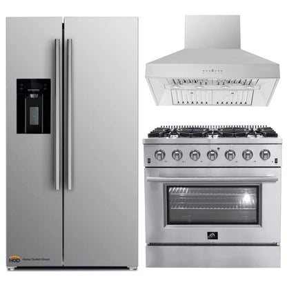 Forno 3-Piece Appliance Package - 36-Inch Gas Range, Refrigerator with Water Dispenser, & Wall Mount Hood in Stainless Steel - APW3-6244-36-H